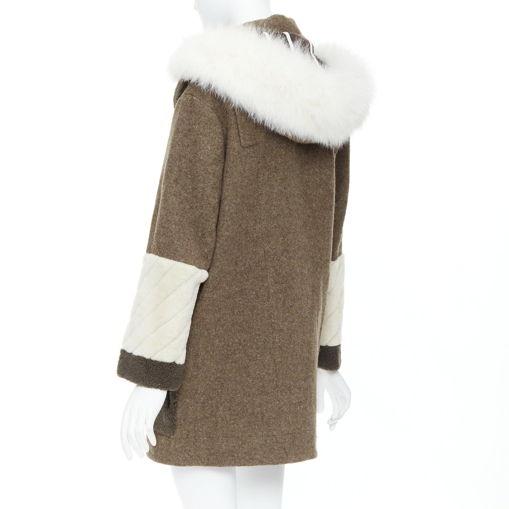 FENDI colorblocked brown wool patchwork fur hooded parka coat IT38 XS For Sale 2