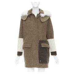 Fendi cappotto parka con cappuccio in lana marrone patchwork con pelliccia IT38 XS