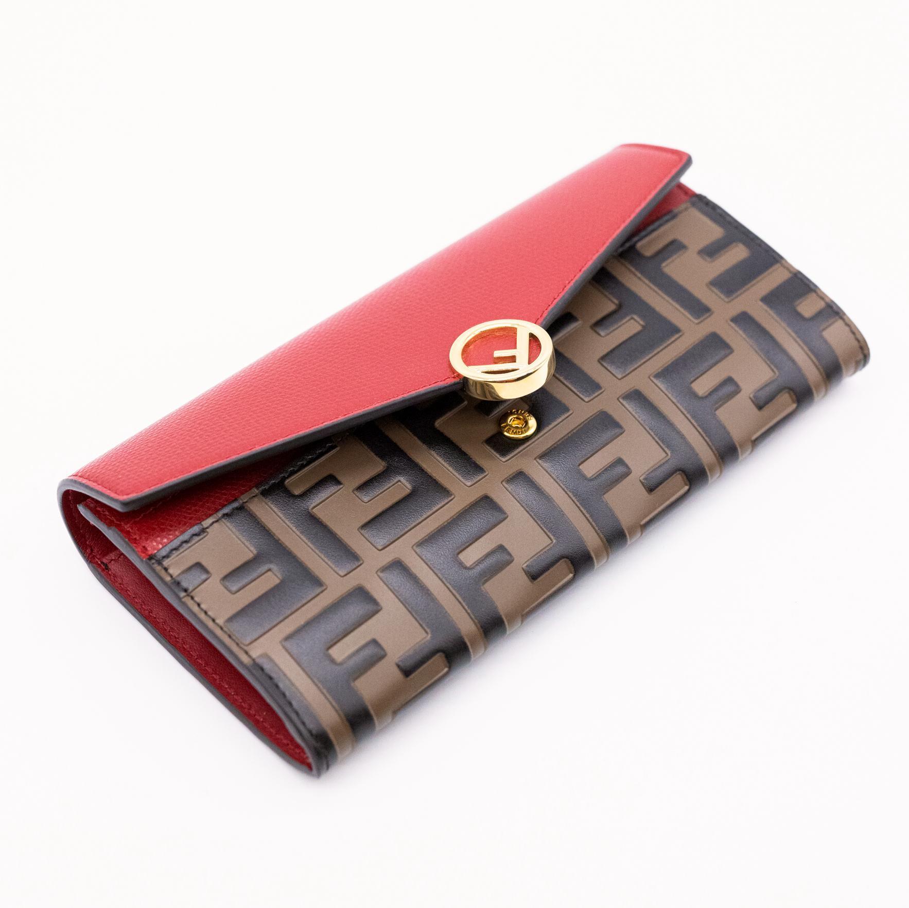 Fendi Continental Red Leather Embossed Wallet, 2020. For Sale at 