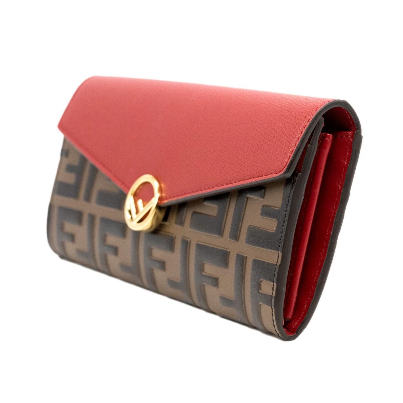 Women's or Men's Fendi Continental Red Leather Embossed Wallet, 2020. For Sale