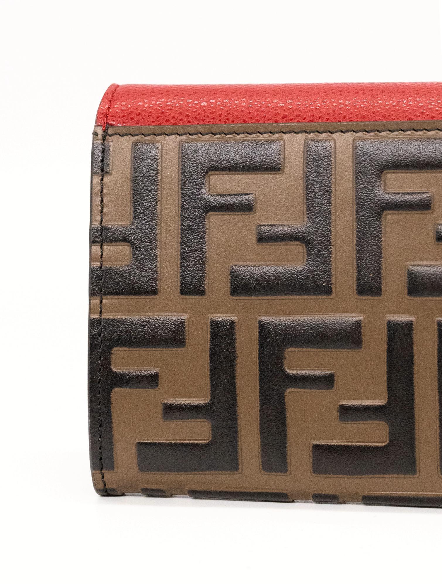 Fendi Continental Red Leather Embossed Wallet, 2020. For Sale 4