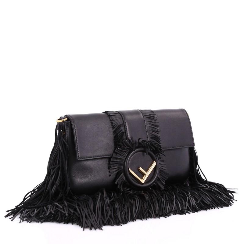 Black Fendi Convertible Baguette Bag Fringe Leather Medium