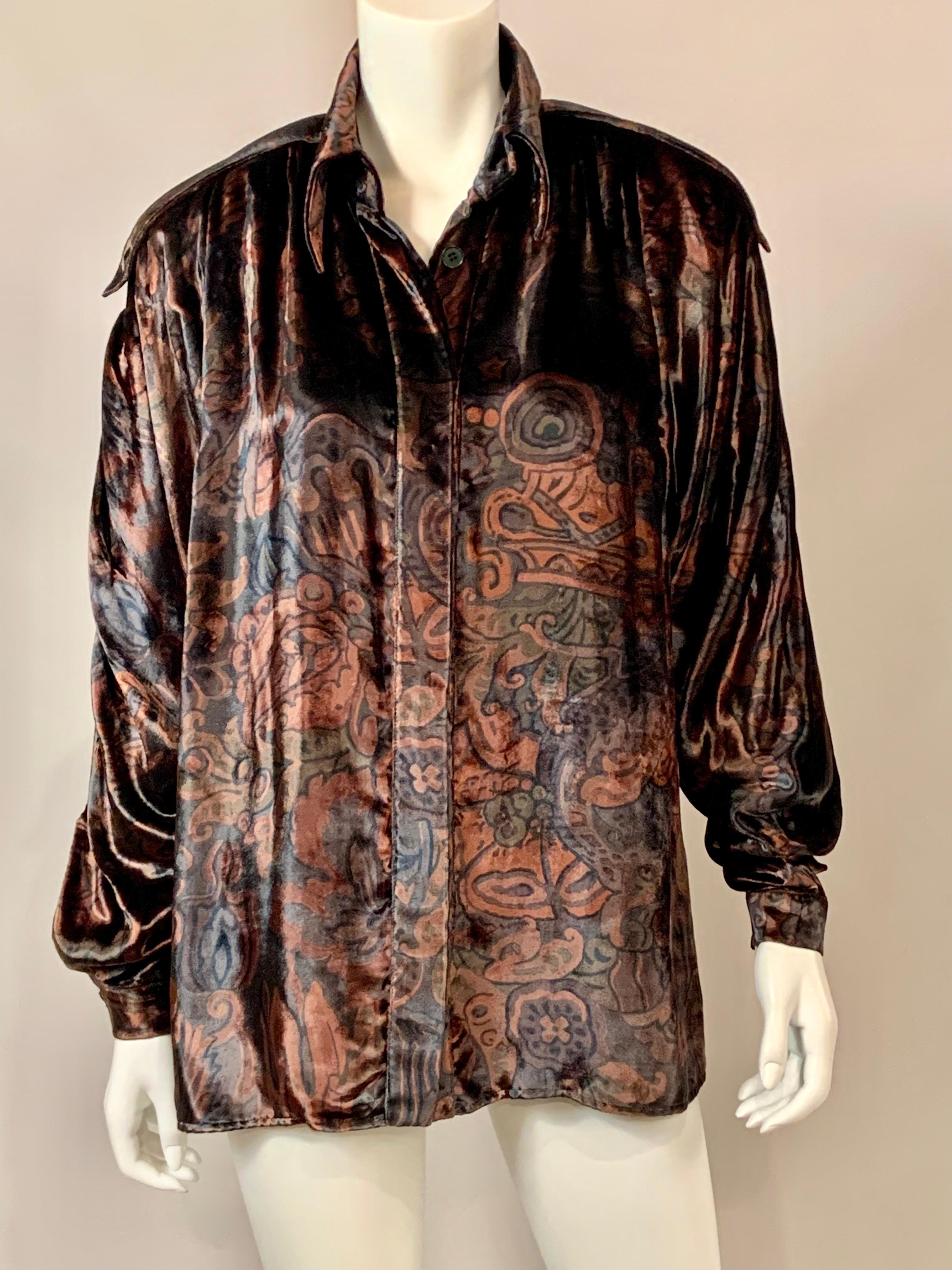 Fendi Copper and Charcoal Printed Panne Velvet Blouse For Sale 9