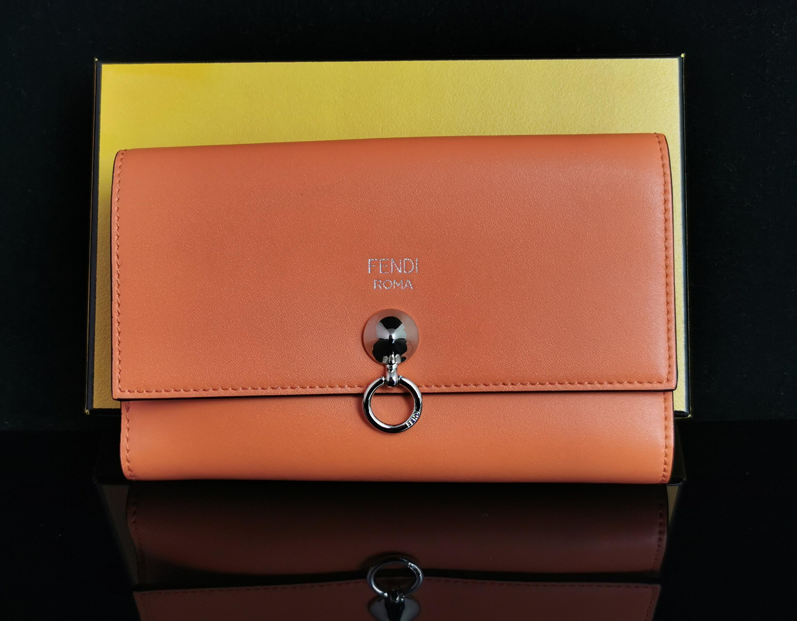 Fendi coral leather clutch purse, bi fold wallet, boxed  For Sale 9