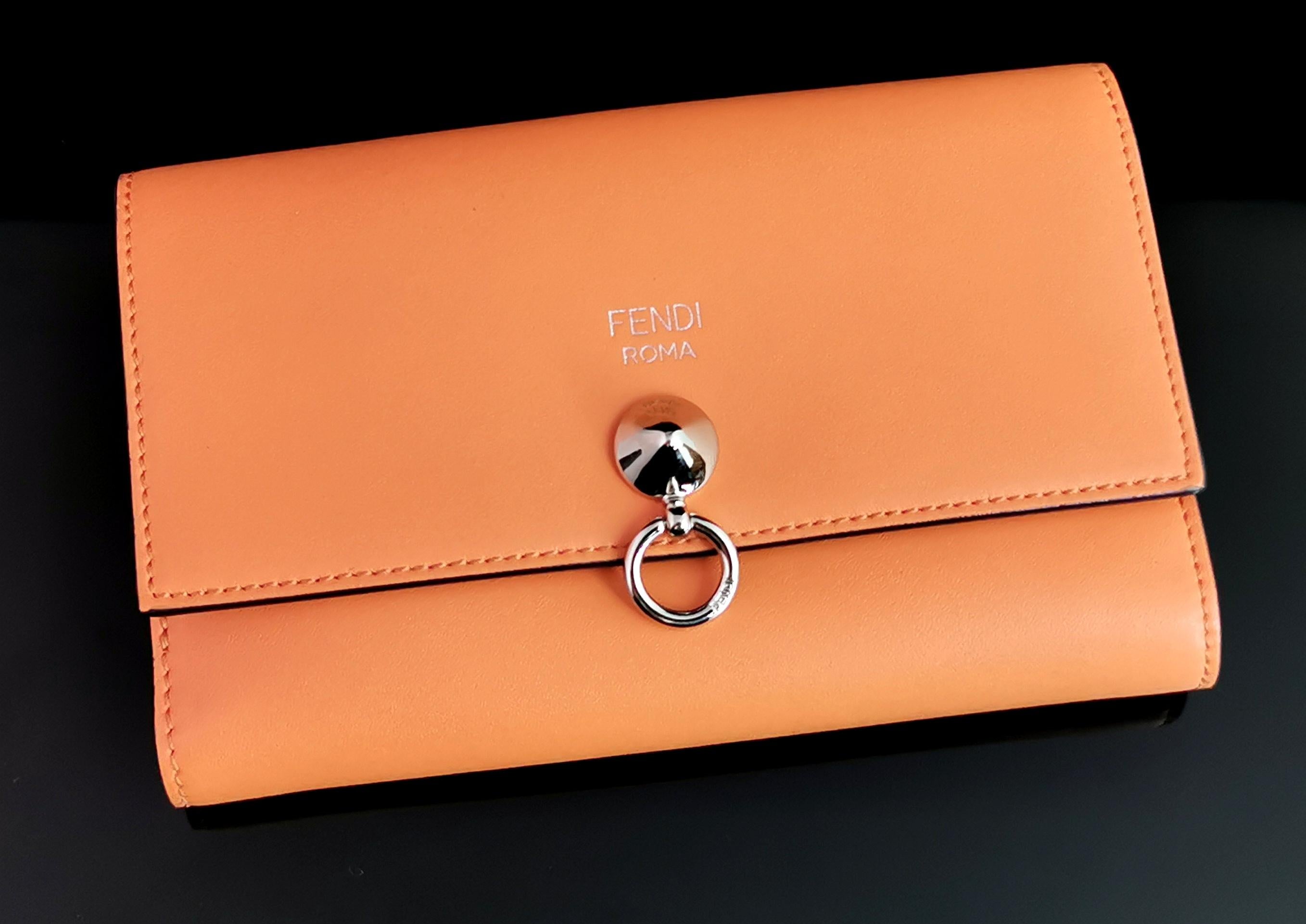 Orange Fendi coral leather clutch purse, bi fold wallet, boxed  For Sale