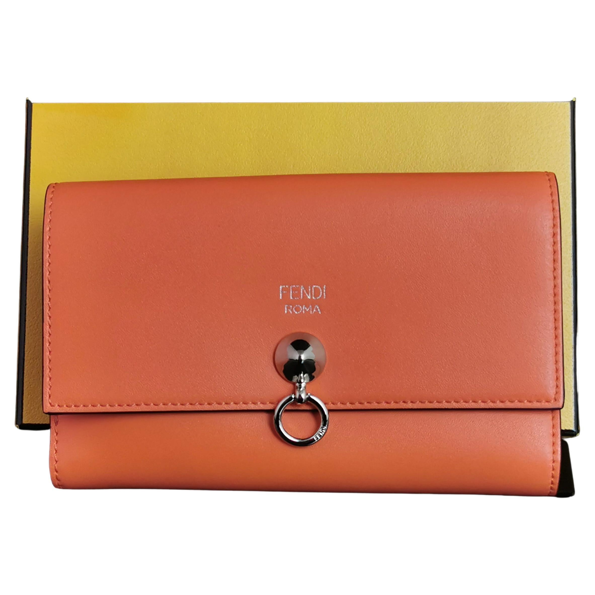 Fendi coral leather clutch purse, bi fold wallet, boxed 