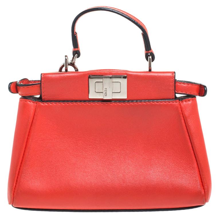 Fendi Orange Leather and Shearling Mini Peekaboo Top Handle Bag