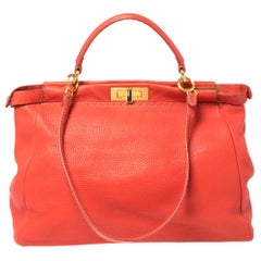 Fendi Coral Orange Selleria Leather Large Peekaboo Top Handle Bag