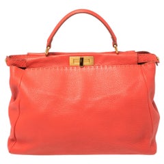 Fendi Coral Orange Selleria Leather Large Peekaboo Top Handle Bag