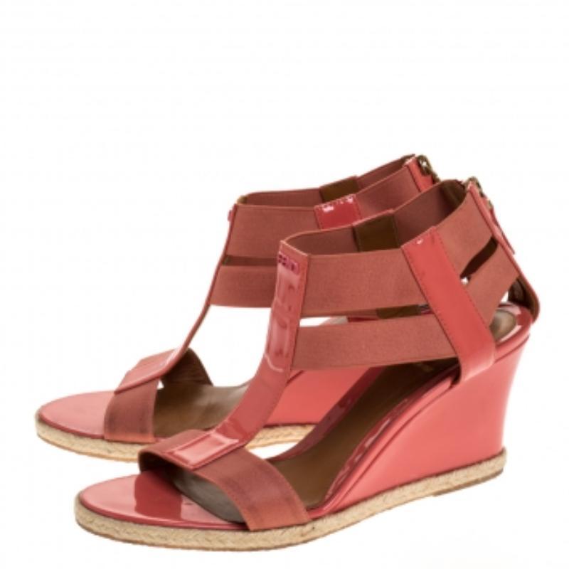Fendi Coral Patent Leather And Elastic T-Strap Espadrille Wedge Sandals Size 37 For Sale 2