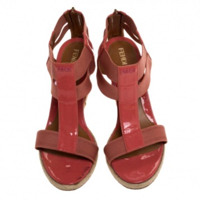 Fendi Coral Patent Leather And Elastic T-Strap Espadrille Wedge Sandals Size 37 For Sale 3
