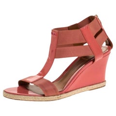 Fendi Coral Patent Leather And Elastic T-Strap Espadrille Wedge Sandals Size 37