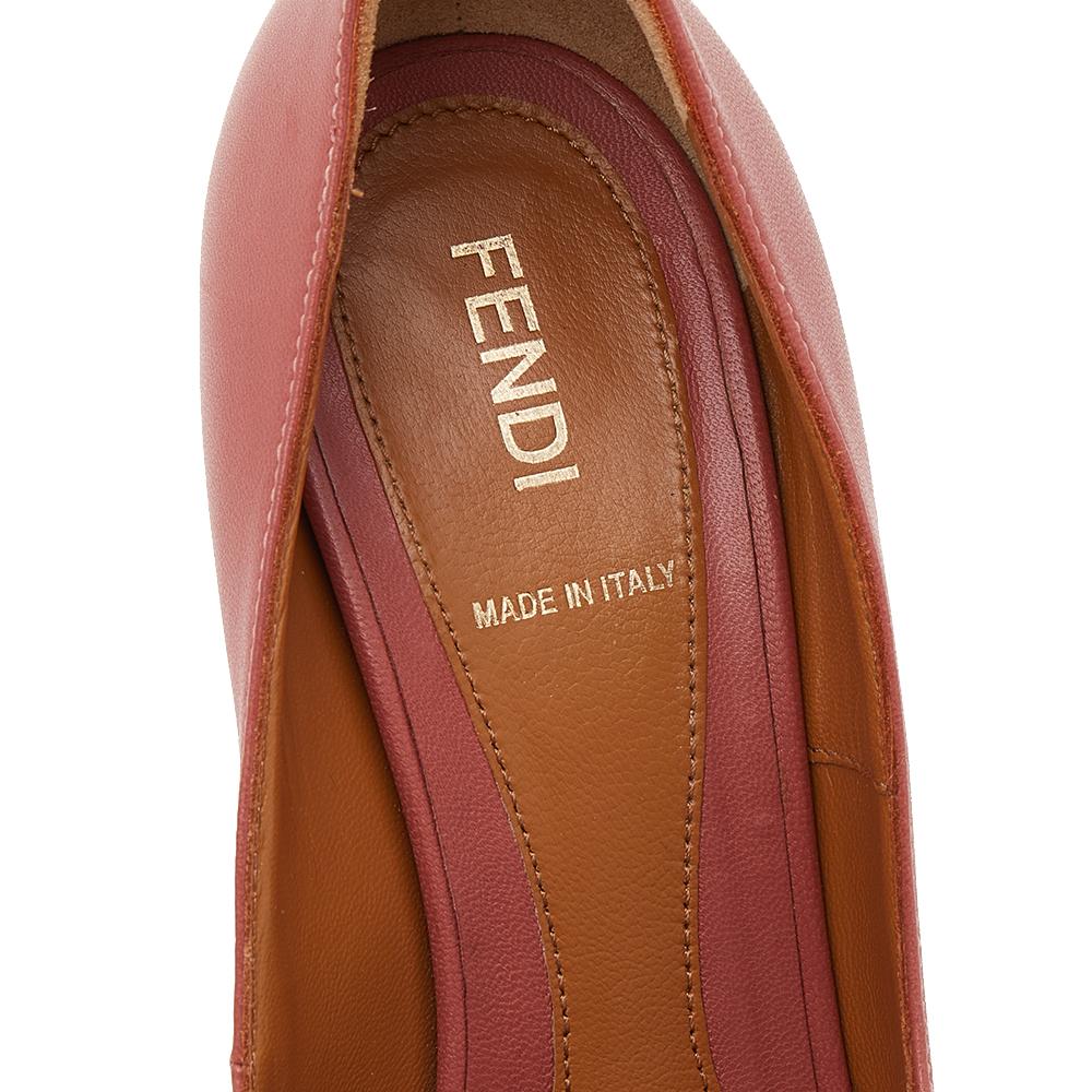 Brown Fendi Coral Pink Leather Fendista Peep Toe Platform Pumps Size 36