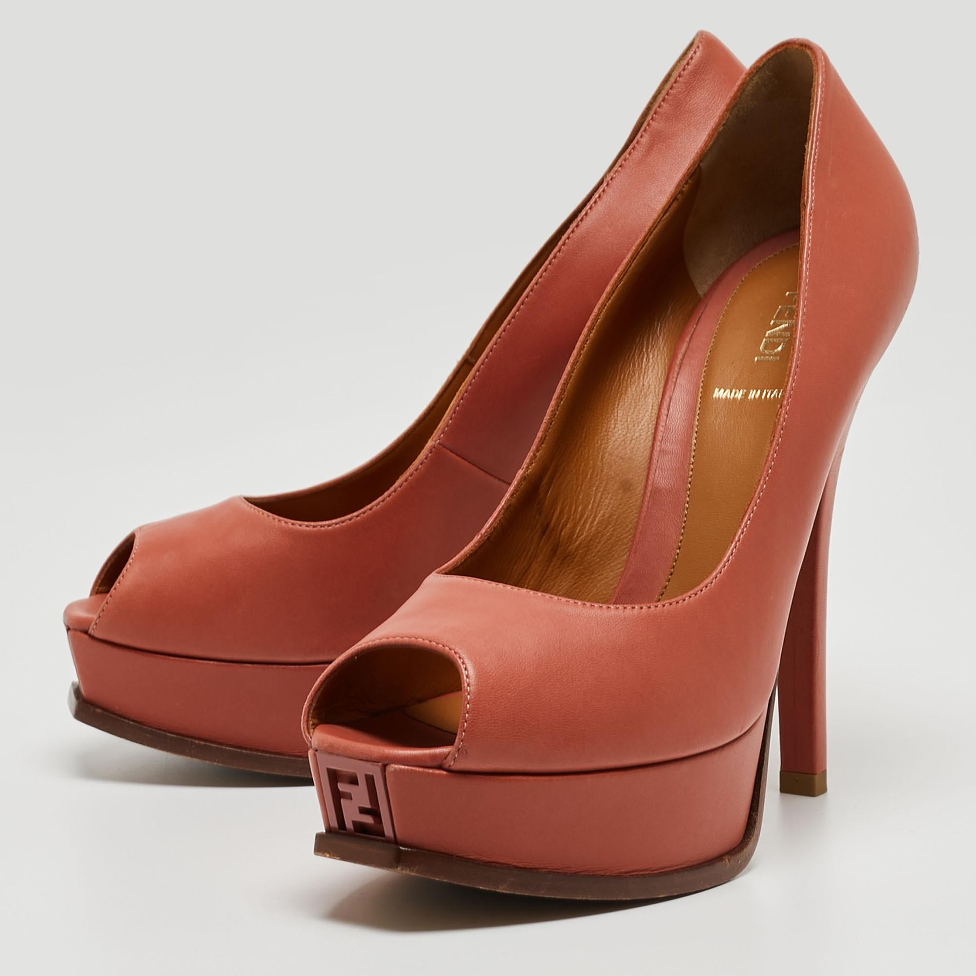 Fendi Coral Pink Leather Fendista Peep Toe Platform Pumps Size 40 For Sale 1