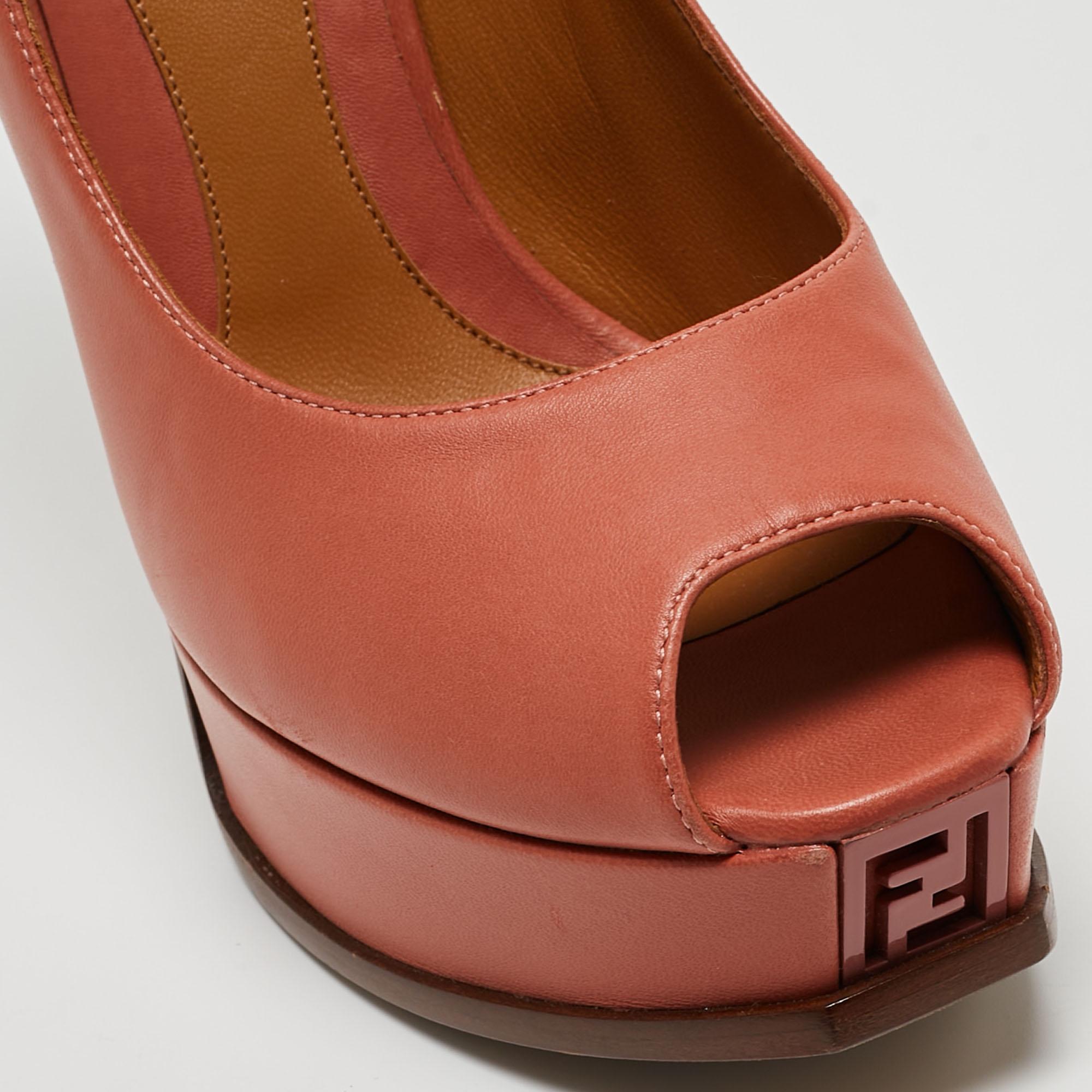 Fendi Coral Pink Leather Fendista Peep Toe Platform Pumps Size 40 For Sale 4