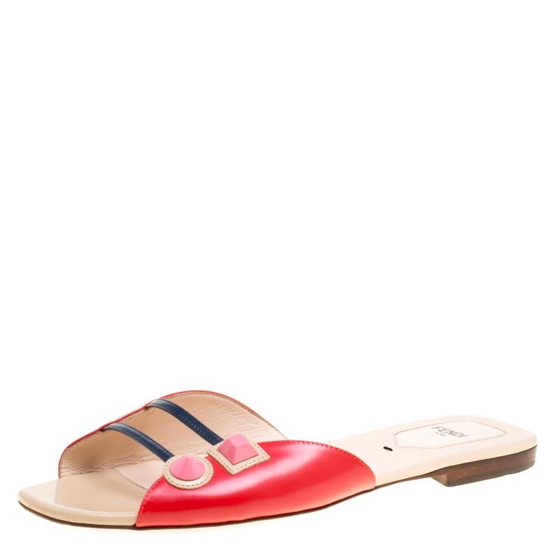 Fendi Coral Red Open Toe Flat Slides Size 38.5