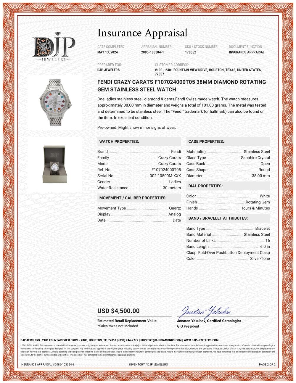 Fendi Crazy Carats F107024000T05 38MM Diamond Rotating Gem Stainless Steel Watch 2