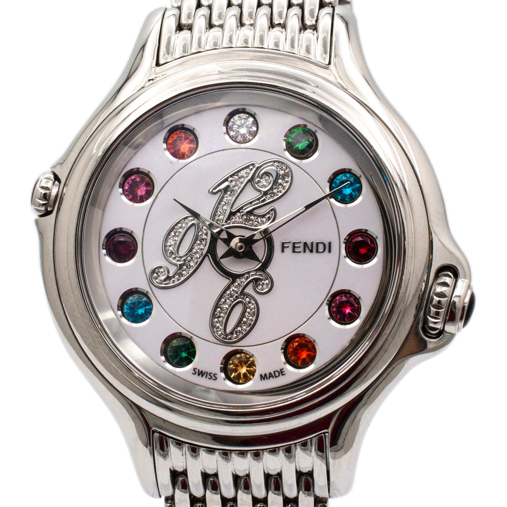 Brand: Fendi

Gender: Ladies

Diameter: 38.00 mm

Weight: 101.00 grams

Ladies stainless steel, diamond & gems Fendi Swiss made watch. The metal was tested and determined to be stainless steel. The 