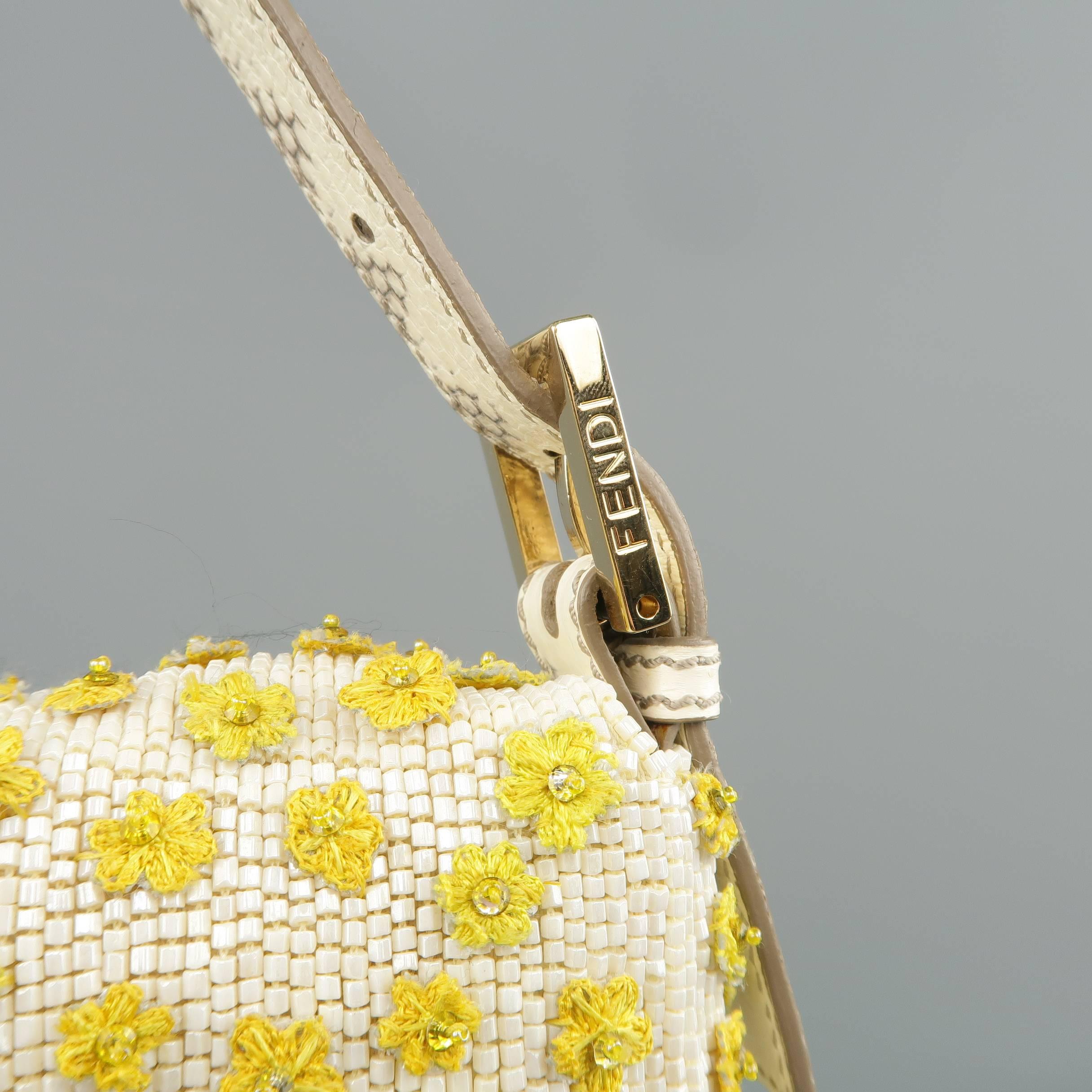Fendi Handbag - Cream and Yellow Floral Beaded Snake Skin Baguette 2