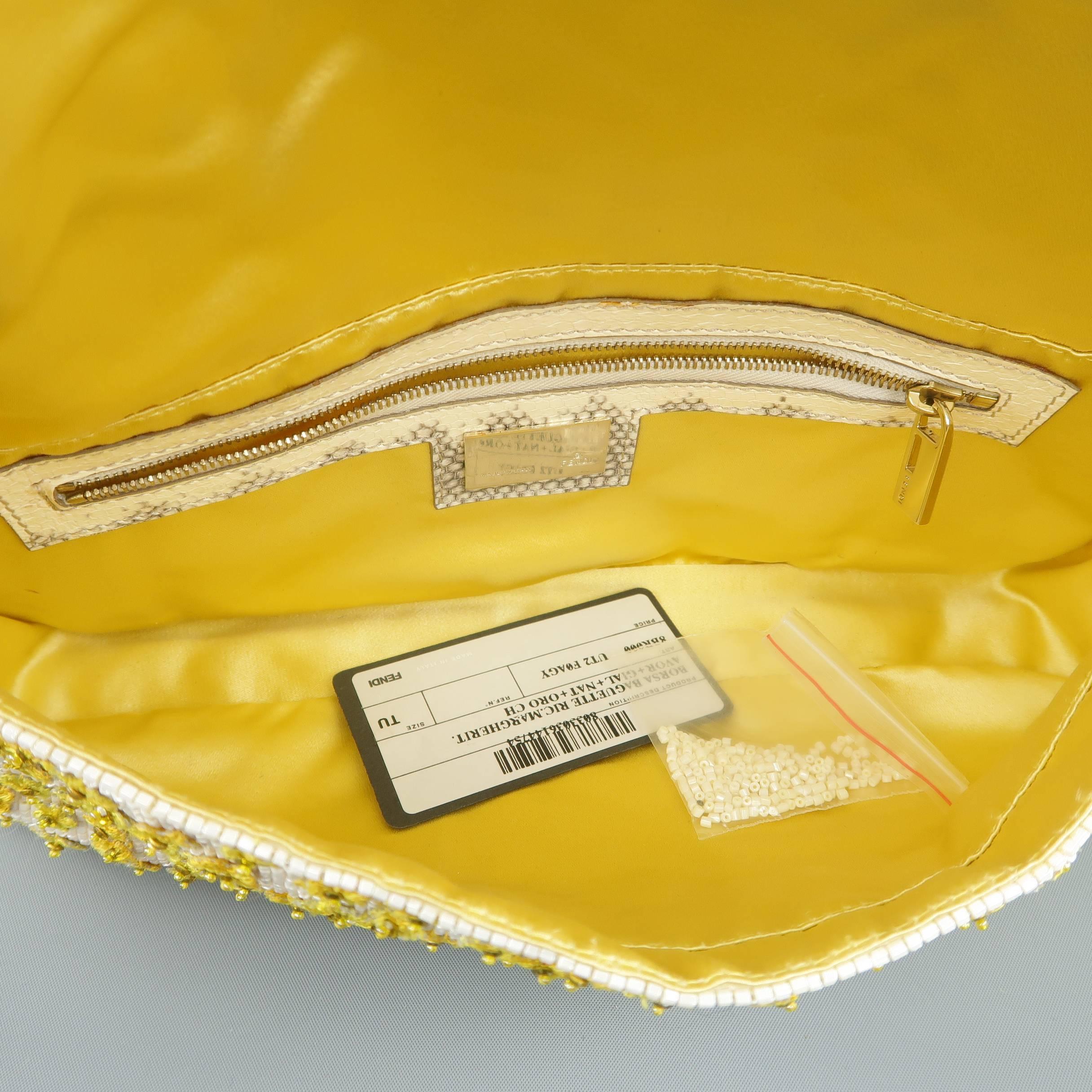 Fendi Handbag - Cream and Yellow Floral Beaded Snake Skin Baguette 4