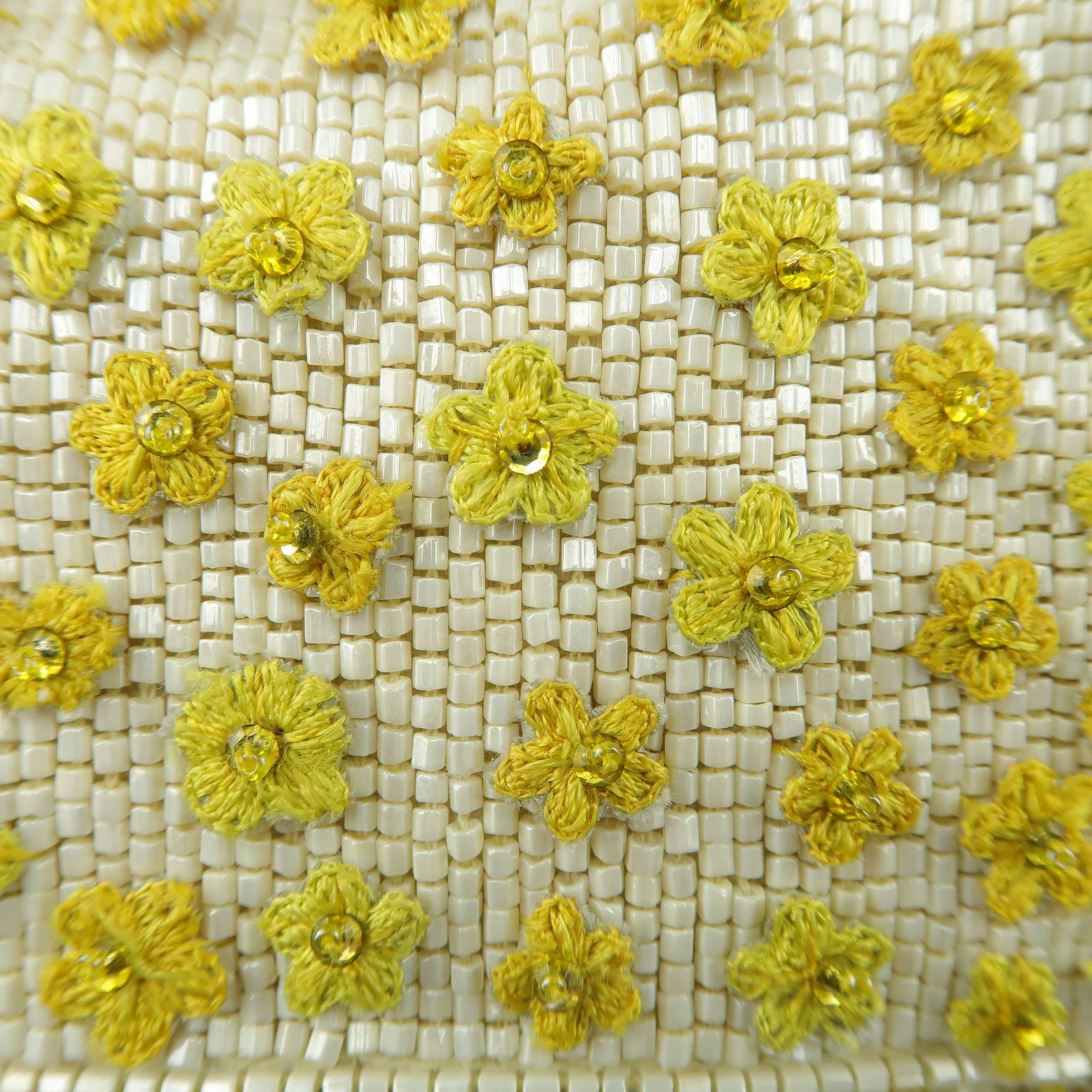 White Fendi Handbag - Cream and Yellow Floral Beaded Snake Skin Baguette
