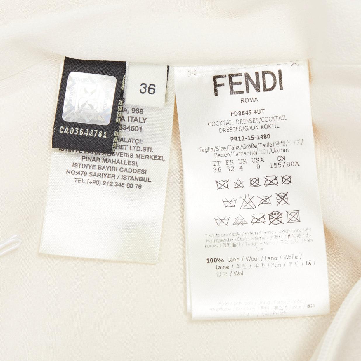 FENDI Creme 100% Wolle Leder aufgesetzte Tasche Seide gefüttert Minikleid IT36 XXS im Angebot 3