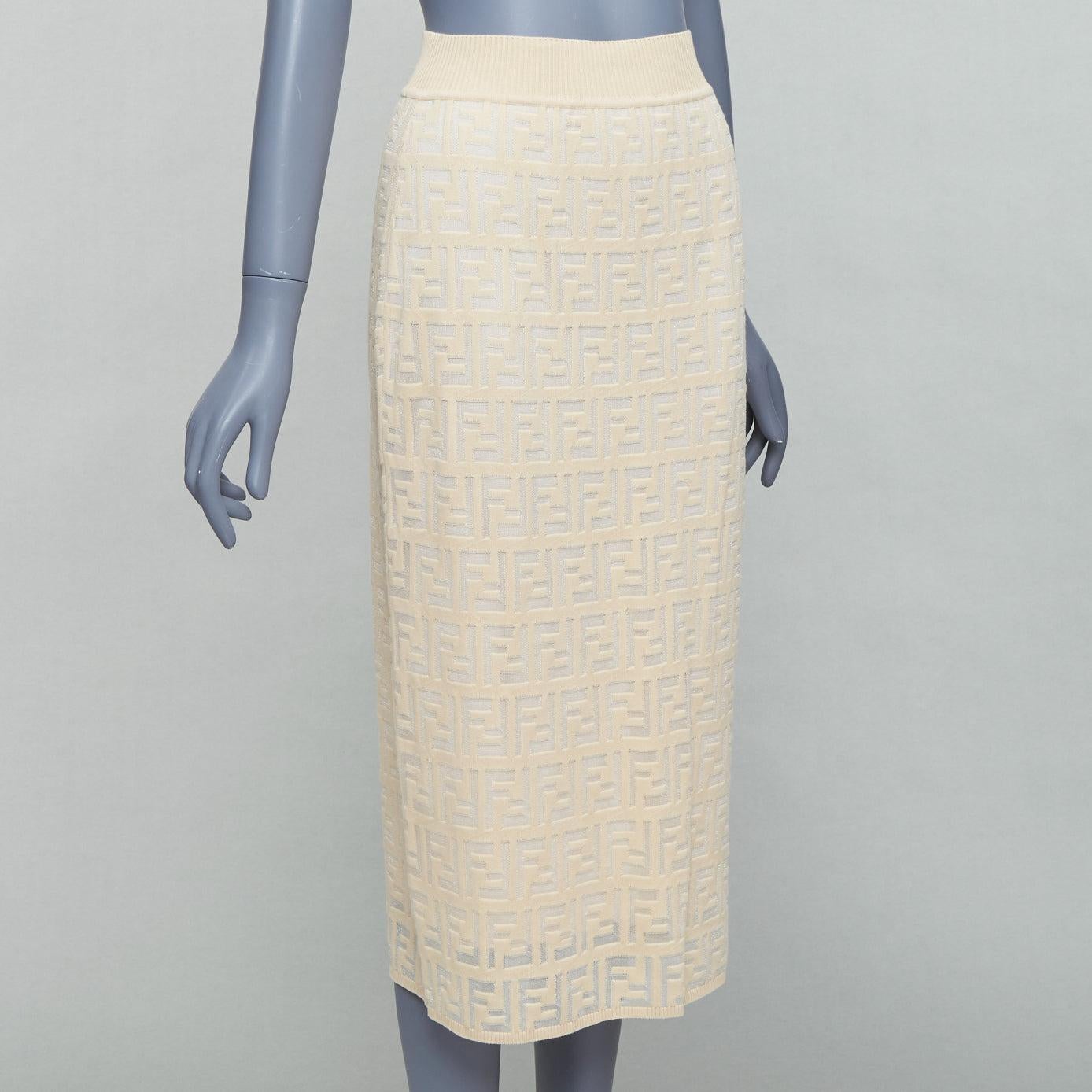Beige FENDI cream beige cotton blend FF Zucca monogram knit pencil skirtIT IT42 M For Sale
