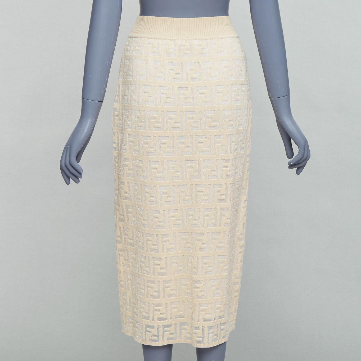 Women's FENDI cream beige cotton blend FF Zucca monogram knit pencil skirtIT IT42 M For Sale