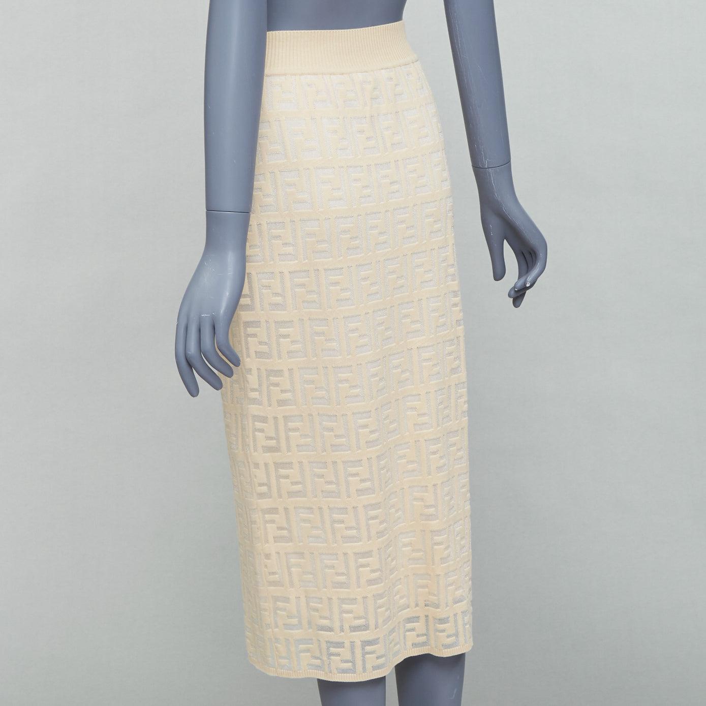 FENDI cream beige cotton blend FF Zucca monogram knit pencil skirtIT IT42 M For Sale 1