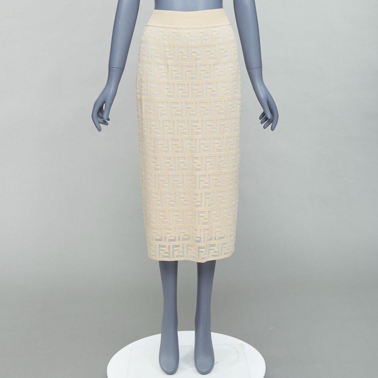 FENDI cream beige cotton blend FF Zucca monogram knit pencil skirtIT IT42 M For Sale 4