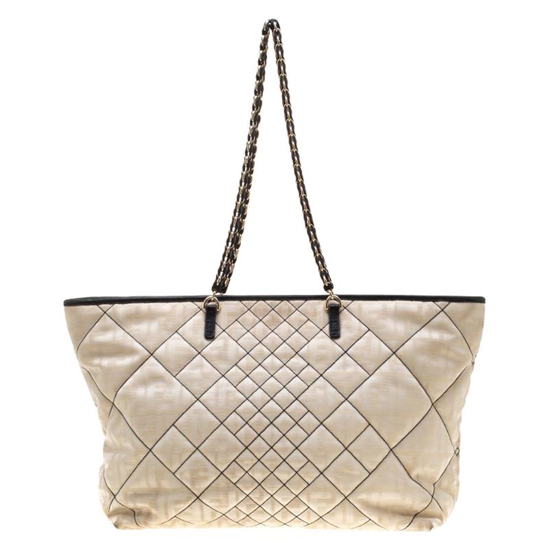 Fendi Cream/Black Quilted Zucca Nylon Roll Large Shopper Tote