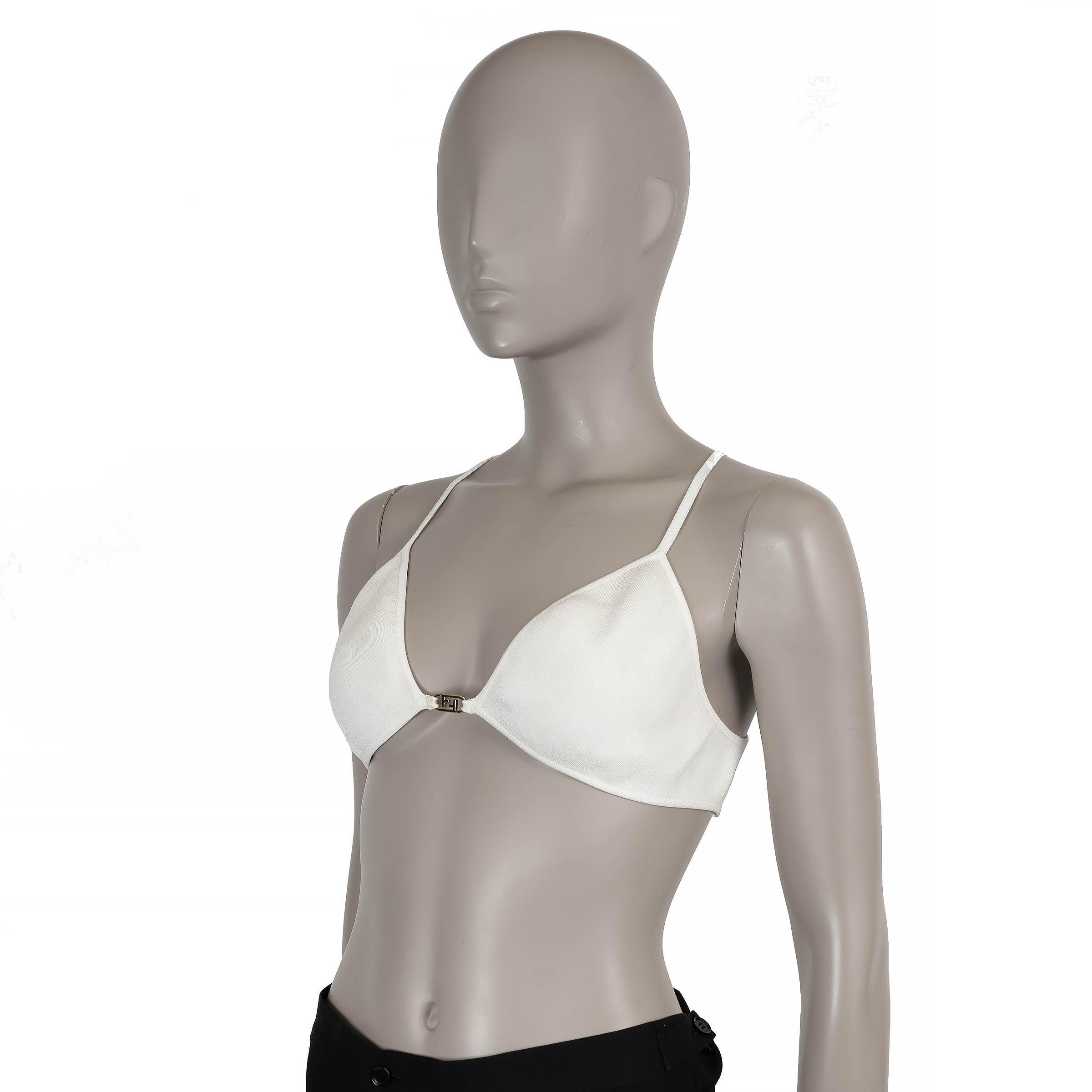 Dieses 100% authentische Fendi Bralette Top aus cremefarbener Viskose, Polyester und Polyamid bietet eine moderne Interpretation von Luxus-Loungewear. Die dreieckigen BH-Körbchen und die zarten Spaghettiträger, die sich im Rücken kreuzen,