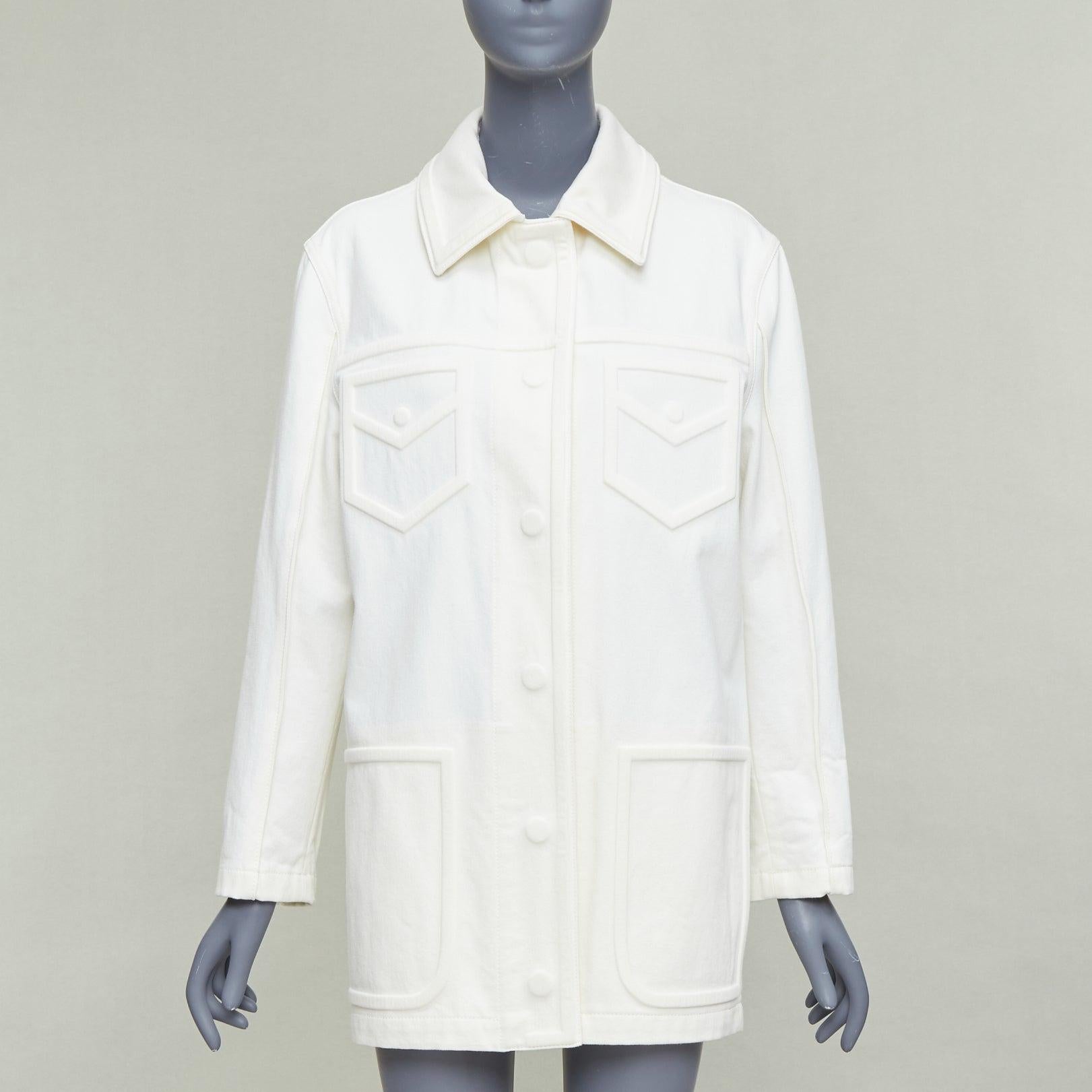 Gray FENDI cream debossed trompe loeil pockets denim trucker jacket IT38 XS For Sale