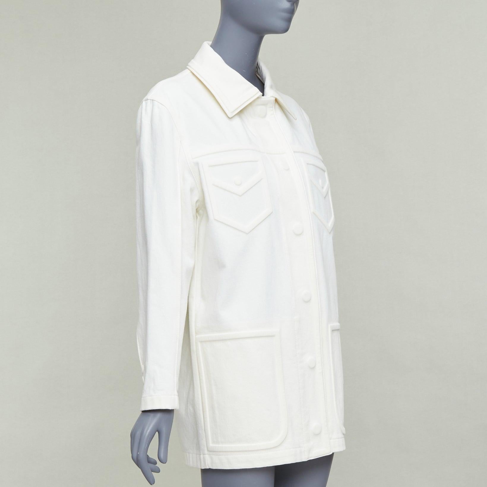 FENDI cream debossed trompe loeil pockets denim trucker jacket IT38 XS In Excellent Condition For Sale In Hong Kong, NT