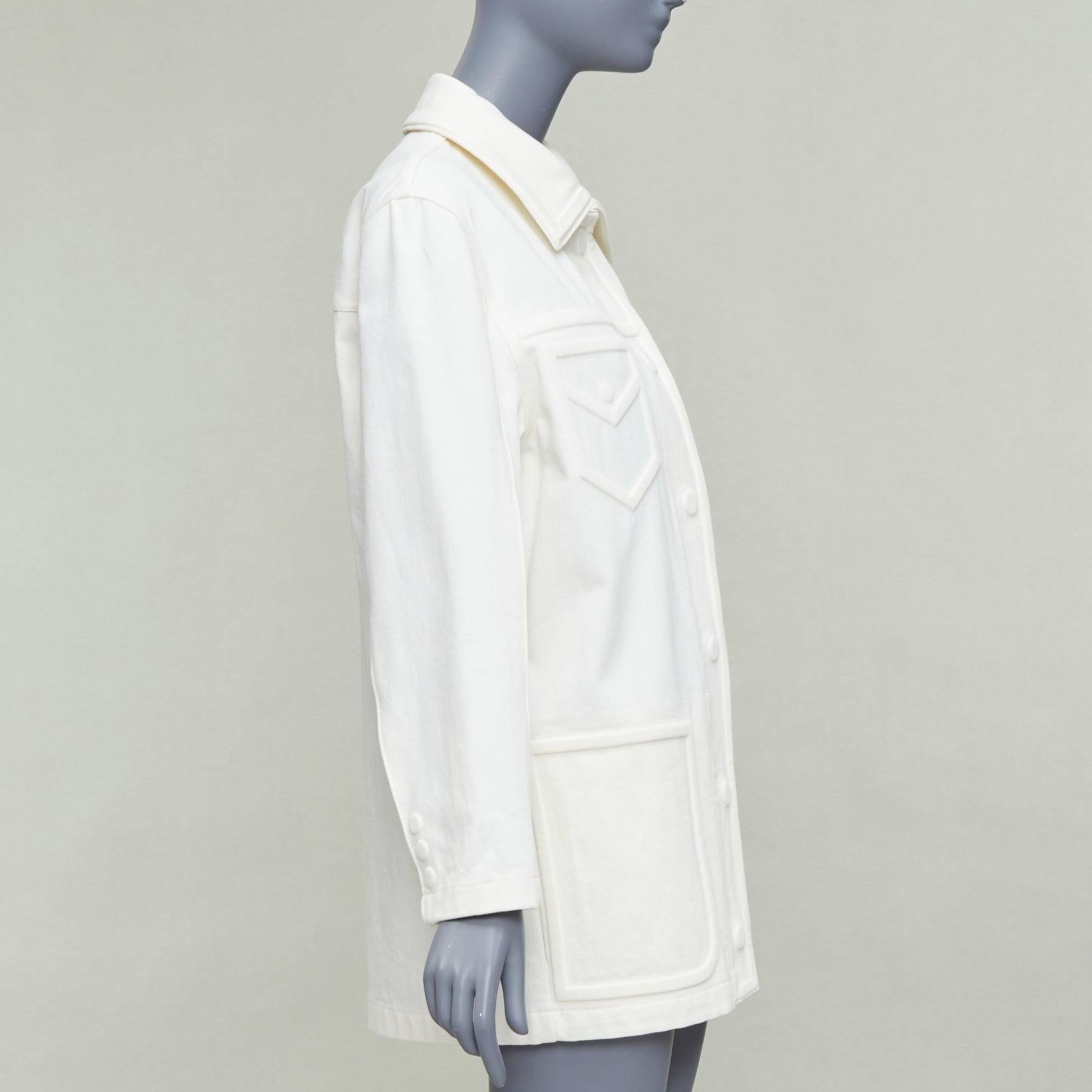 Women's FENDI cream debossed trompe loeil pockets denim trucker jacket IT38 XS For Sale