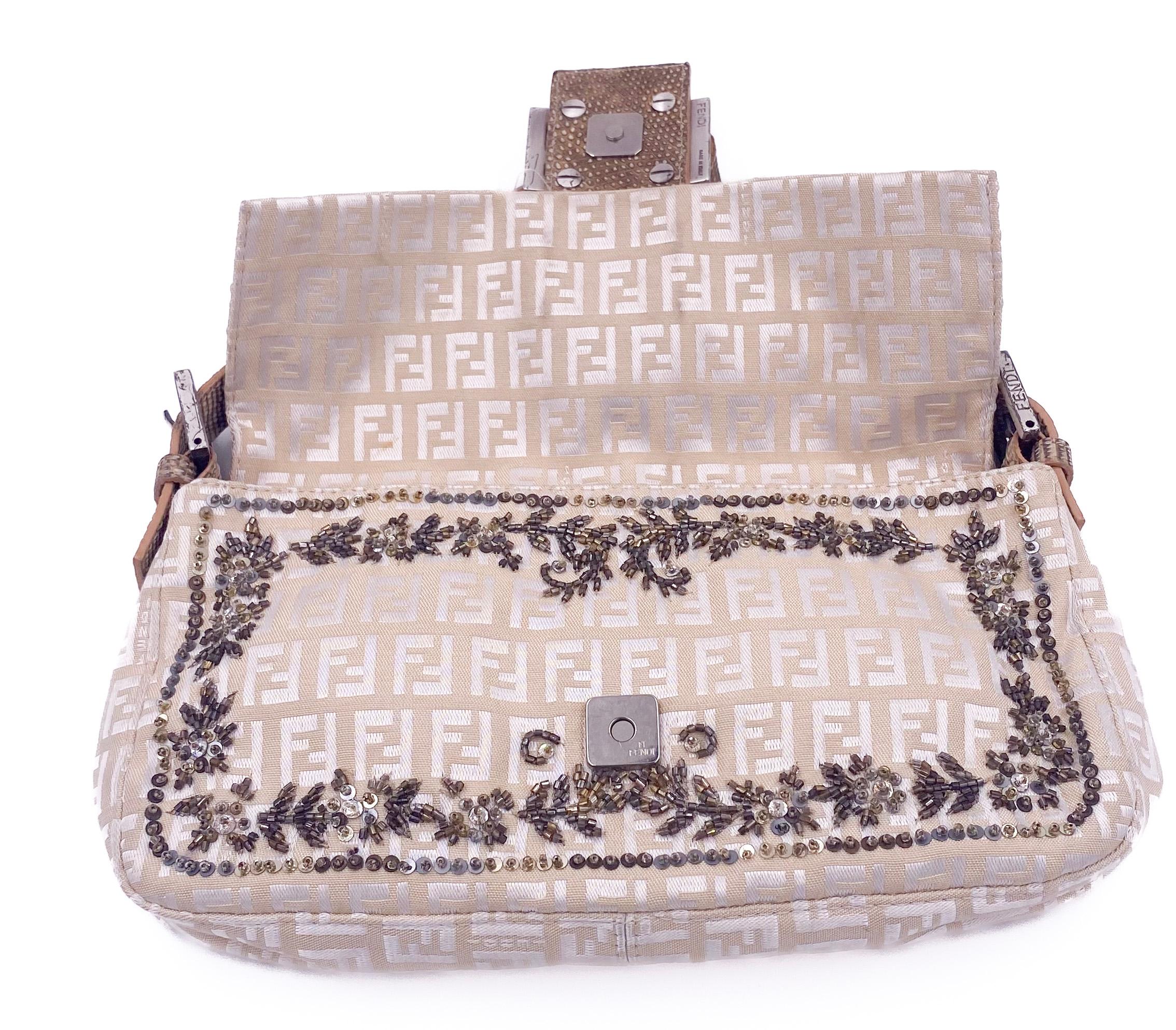 Gray Fendi Cream Embroidered Canvas & Snakeskin 'FF' Logo Beaded Baguette Bag
