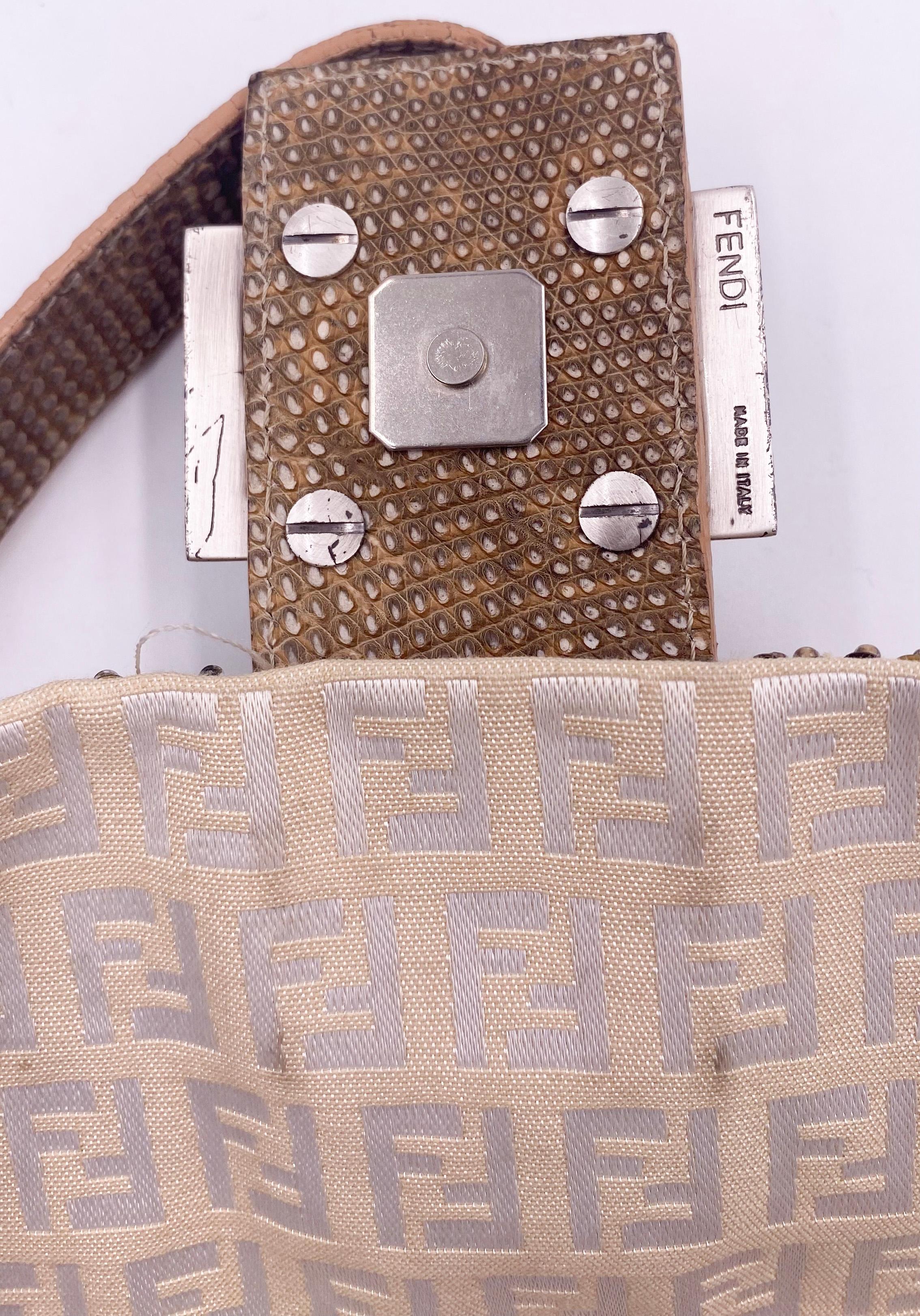 Fendi Cream Embroidered Canvas & Snakeskin 'FF' Logo Beaded Baguette Bag In Good Condition In Los Angeles, CA