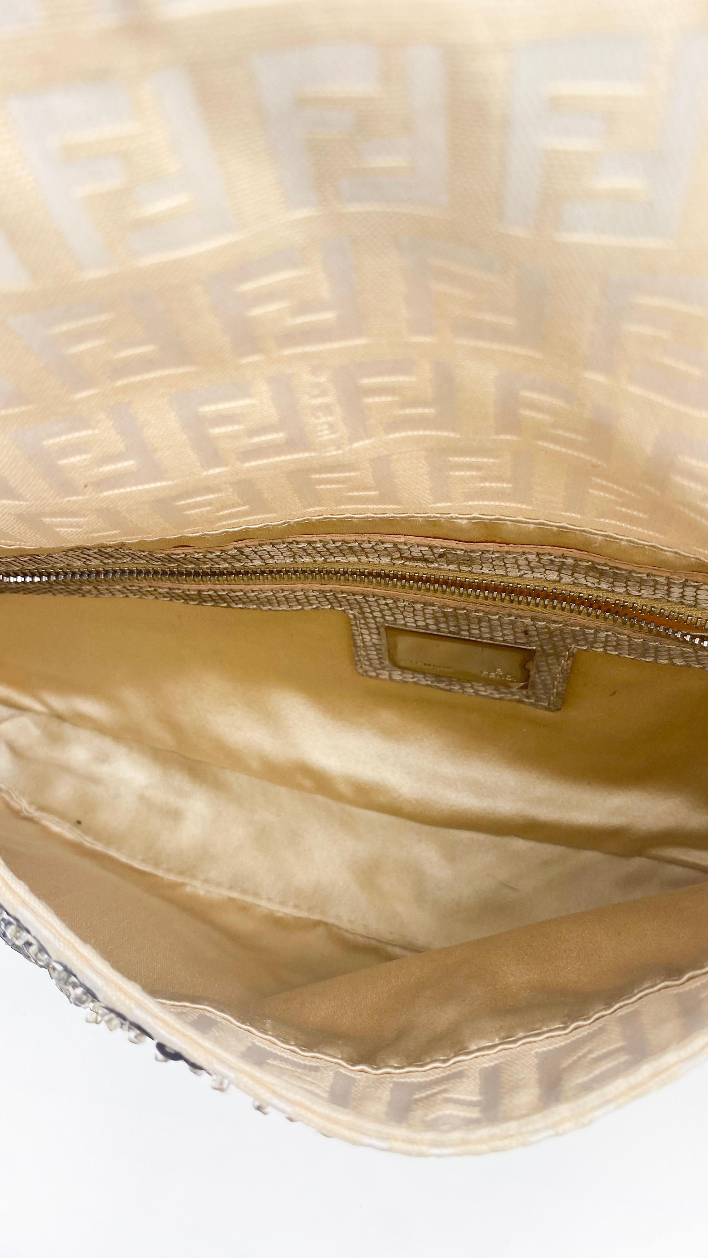 Fendi Cream Embroidered Canvas & Snakeskin 'FF' Logo Beaded Baguette Bag 1