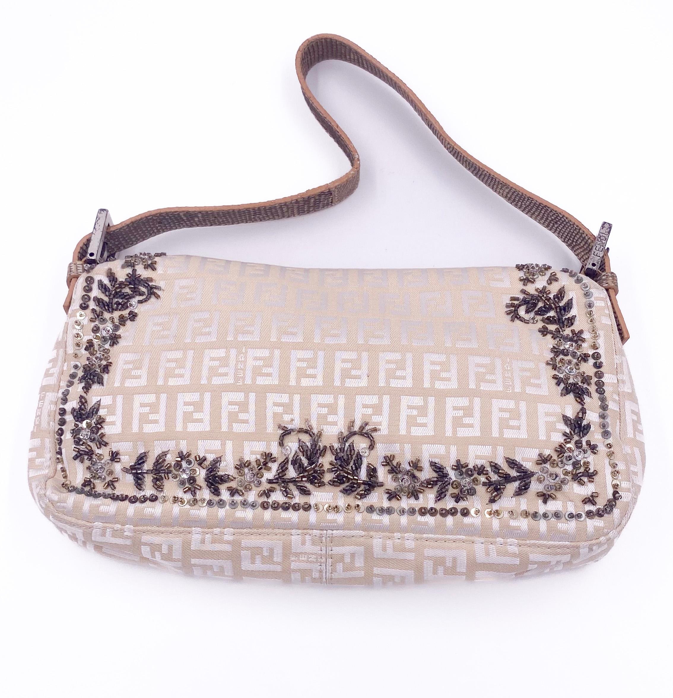 Fendi Cream Embroidered Canvas & Snakeskin 'FF' Logo Beaded Baguette Bag 2