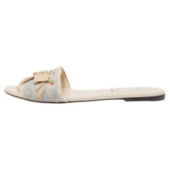 Fendi Cream Flower Embroidered Bow Embellished Flat Slides Size 39.5