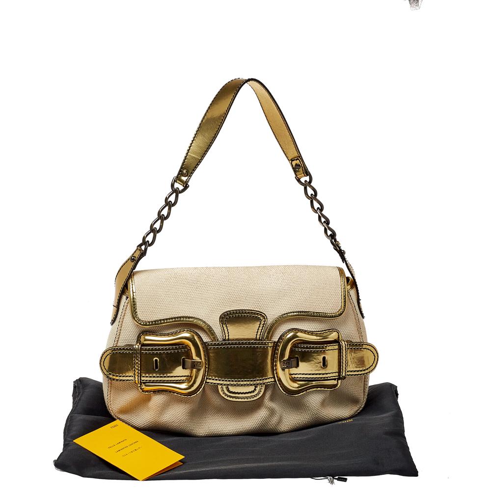 Fendi Cream/Gold Canvas and Mirrored Leather B Bis Shoulder Bag 3