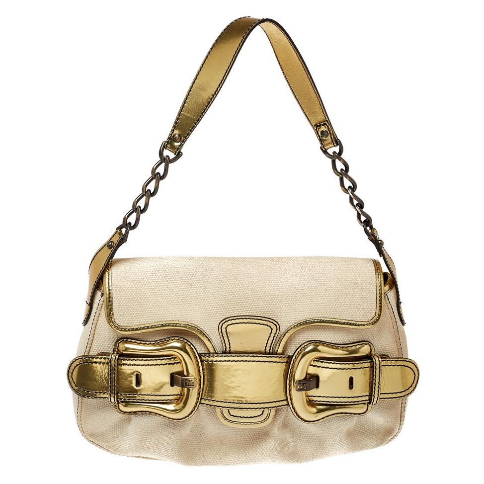 Fendi Cream/Gold Canvas and Mirrored Leather B Bis Shoulder Bag