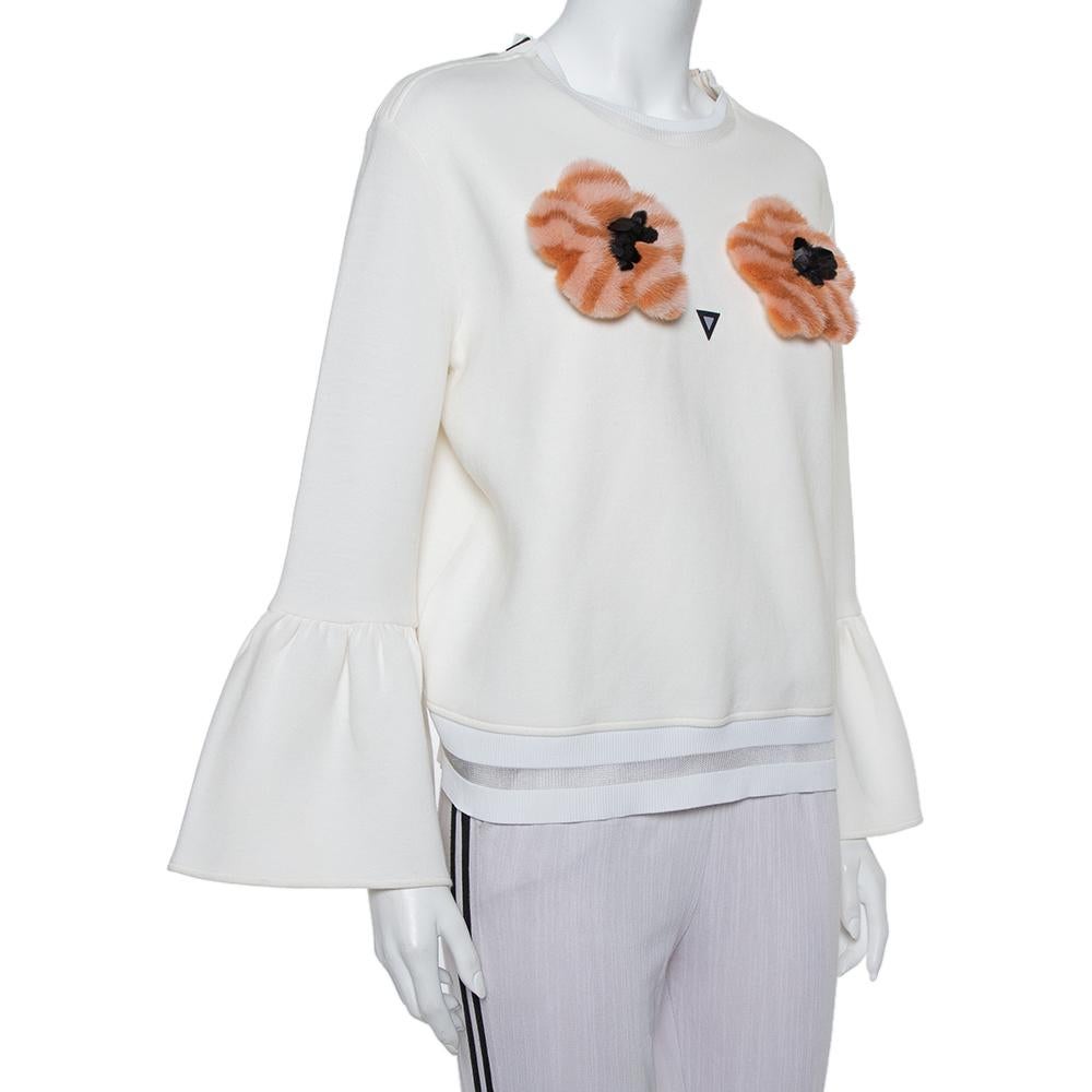 Fendi Crema Punto Pom - Pom Aplique Jumper Manga Acampanada M Gris