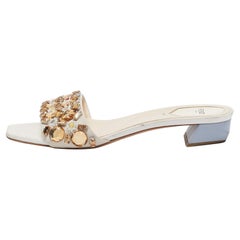 Fendi Cream Leather Crystal Embellished Flat Slides Size 39