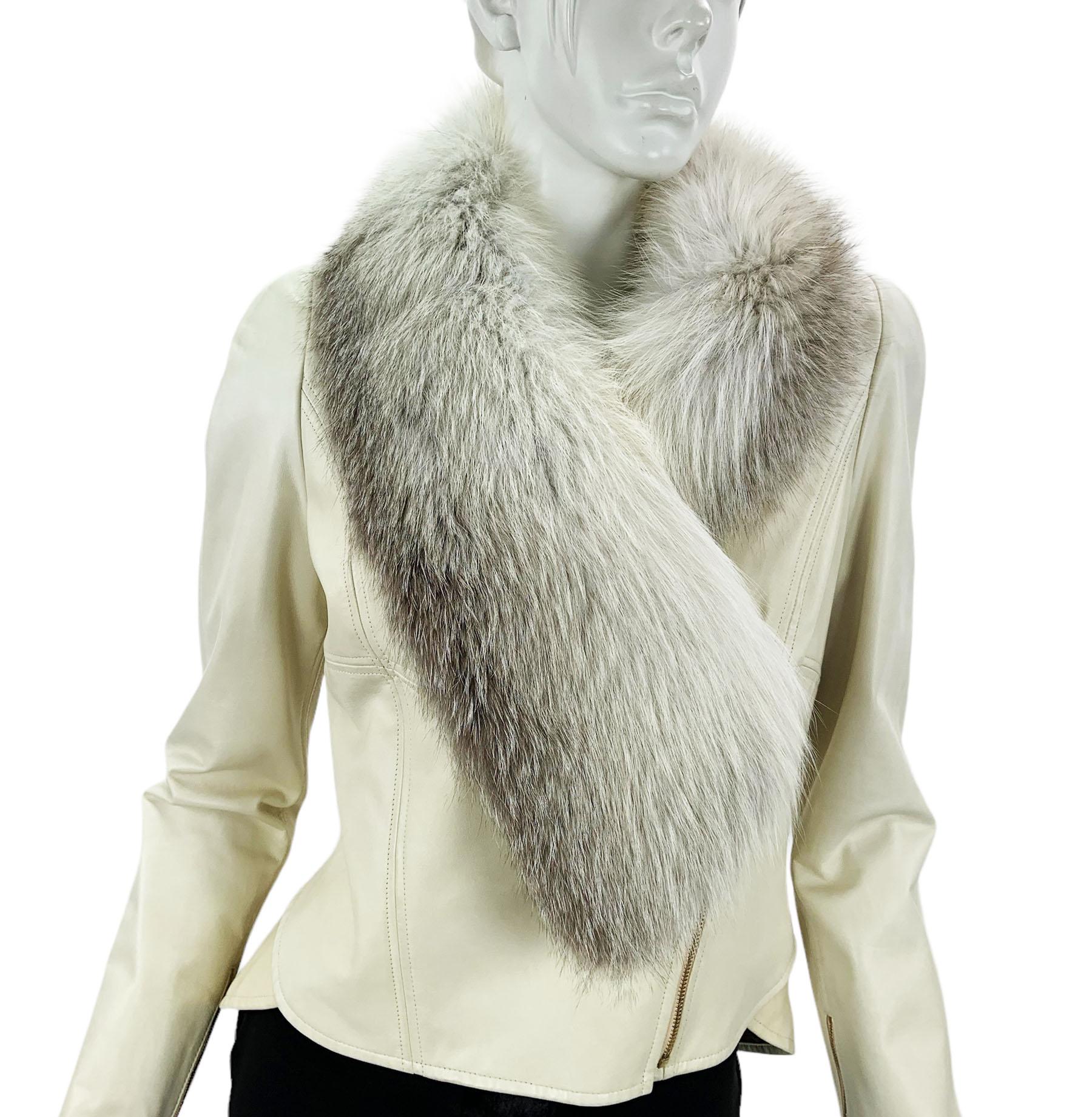 Gray Fendi Cream Leather Fox Fur Collar Peplum Style Jacket Italian 44 For Sale