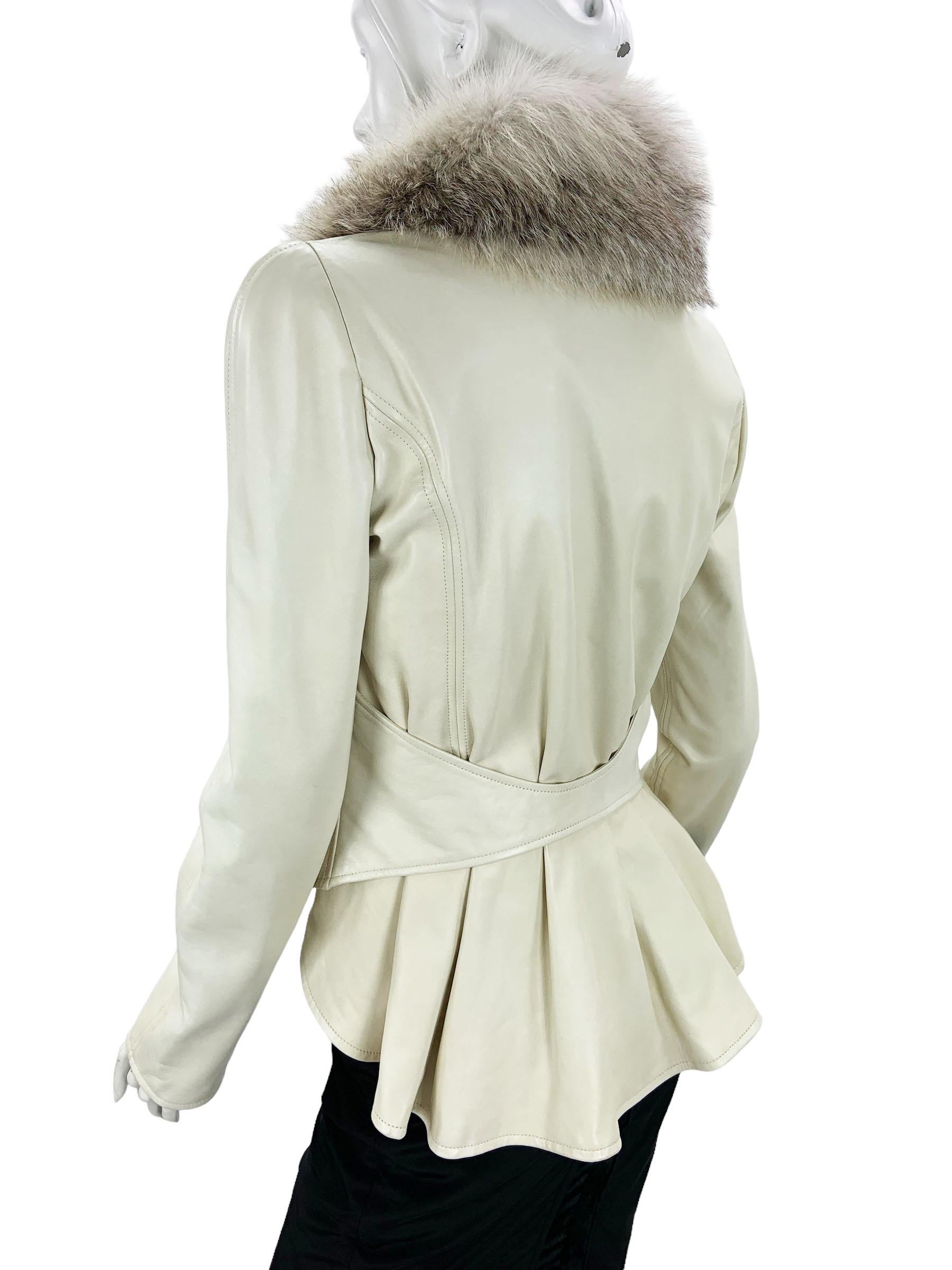 Fendi Cream Leather Fox Fur Collar Peplum Style Jacket Italian 44 For Sale 1