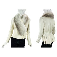 Used Fendi Cream Leather Fox Fur Collar Peplum Style Jacket Italian 44