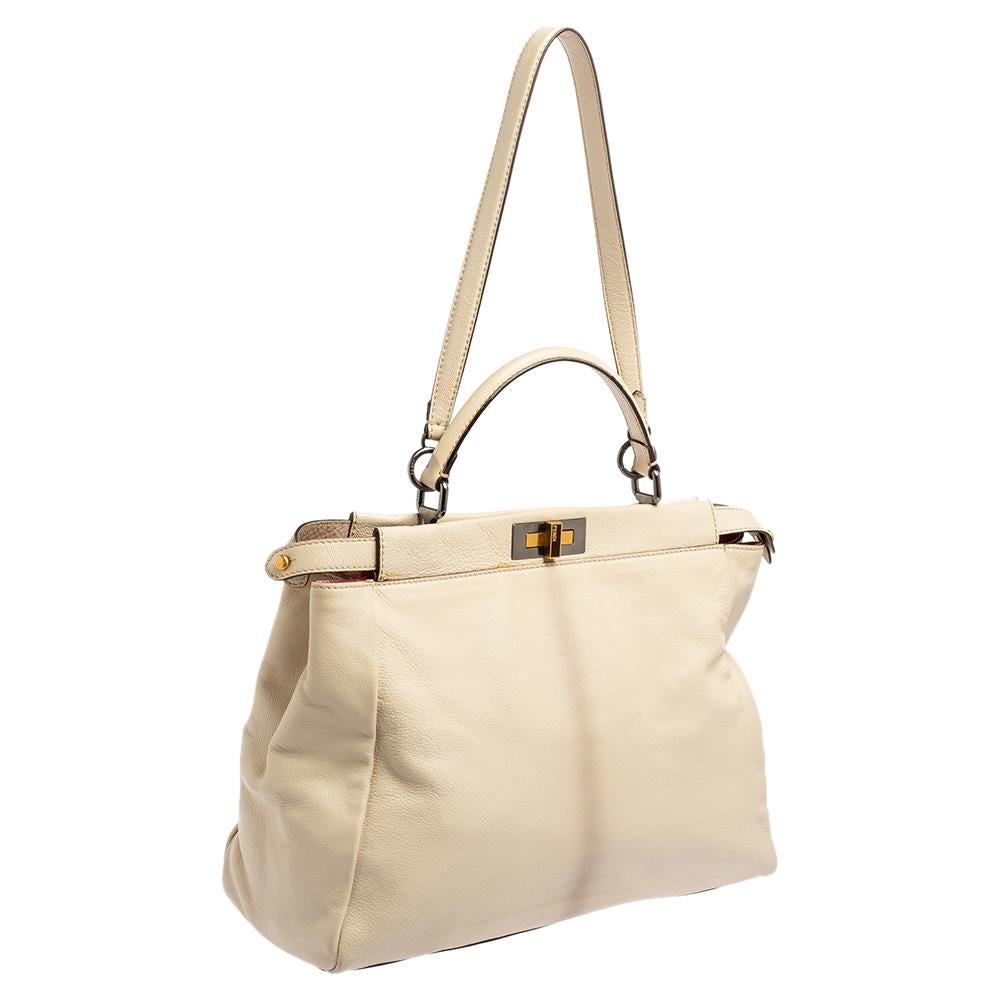 Women's Fendi Cream Leather Large Peekaboo Top Handle Bag