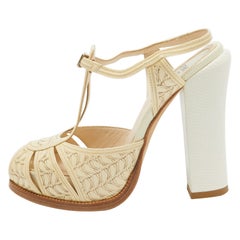 Fendi Cream Patent Leather T-Bar Ankle Strap Sandals Size 36