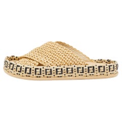 Fendi Cream Raffia Criscross Flat Slides 